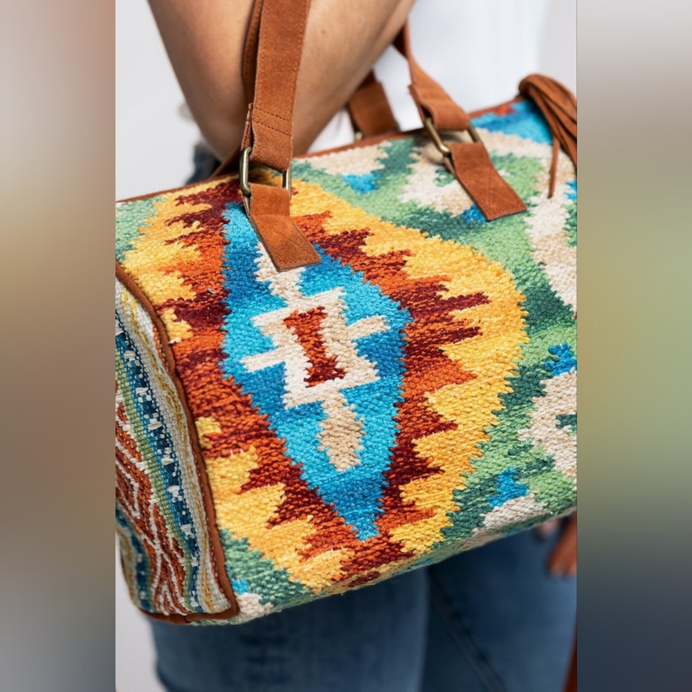 Handmade Boho Chic Satchel / Boston Bag - Navajo Aztec Inspired Design - Picture 4 of 9